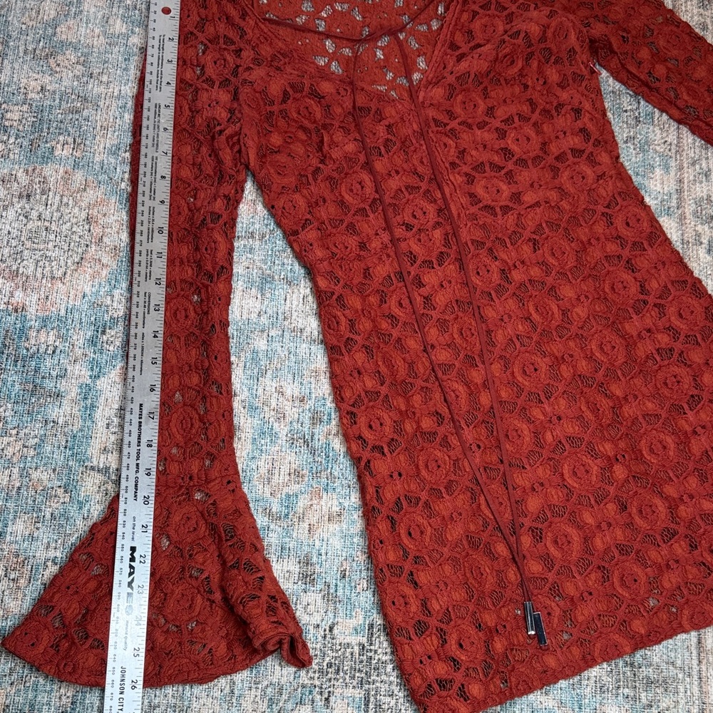 Free People Terracotta Lace Crotched Mini Dress Bell Sleeves Slim Fit -2 - Picture 12 of 14